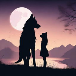 A striking image of a wolf silhouette standing behind a human girl