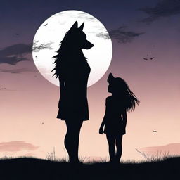 A striking image of a wolf silhouette standing behind a human girl