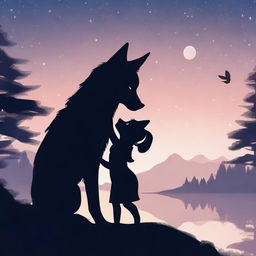 A serene scene featuring the silhouette of a wolf and a girl gently touching its head