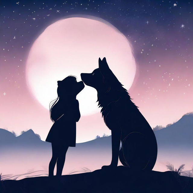 A serene scene featuring the silhouette of a wolf and a girl gently touching its head