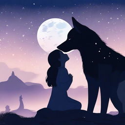 A serene scene featuring the silhouette of a wolf and a girl gently touching its head