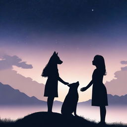 A serene scene featuring the silhouette of a wolf and a girl gently touching its head