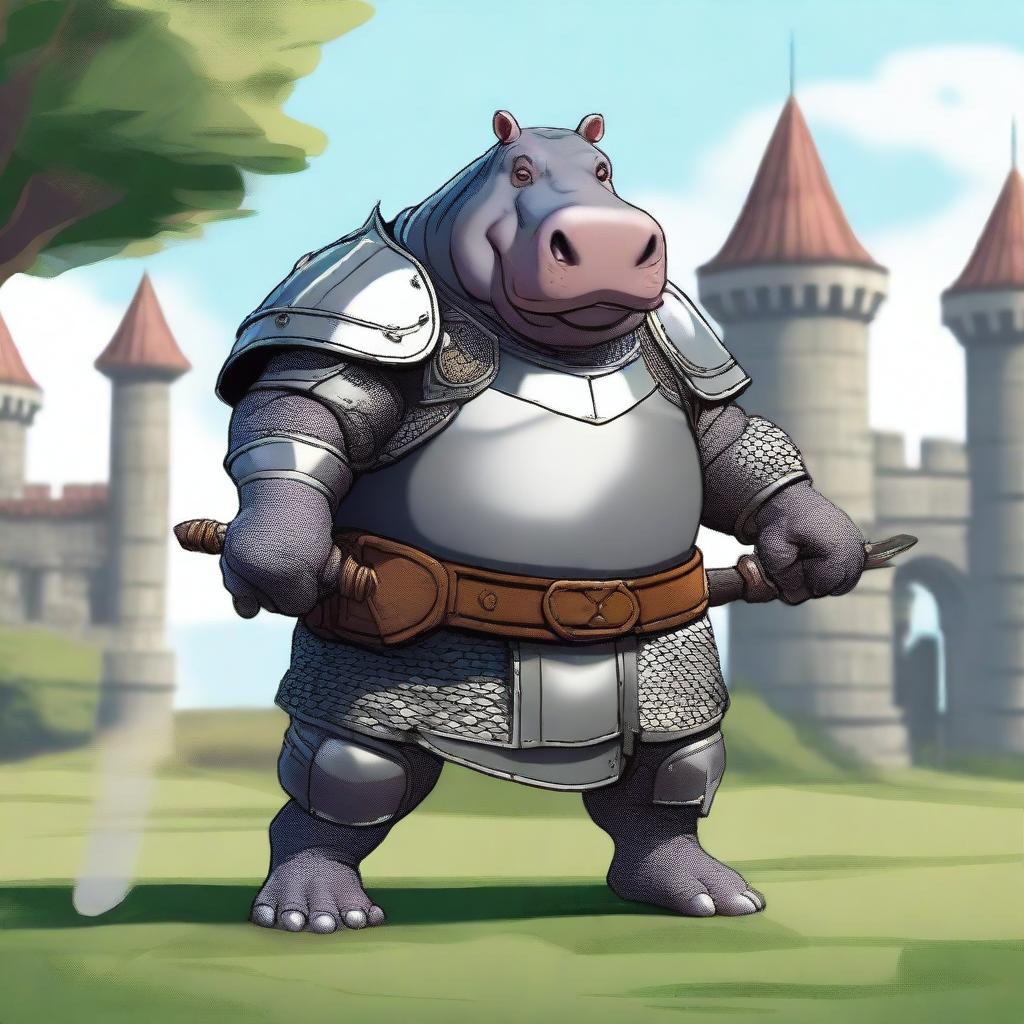 A large, armored hippo paladin standing valiantly with a shining sword and shield