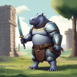 A large, armored hippo paladin standing valiantly with a shining sword and shield