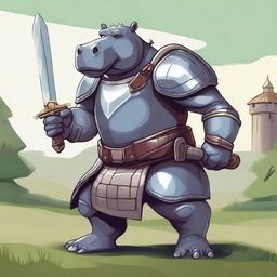 A large, armored hippo paladin standing valiantly with a shining sword and shield