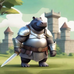 A large, armored hippo paladin standing valiantly with a shining sword and shield