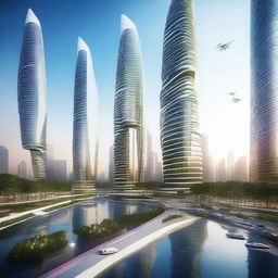 A futuristic real estate development featuring sleek, modern skyscrapers with advanced architectural designs, integrated green spaces, and cutting-edge technology