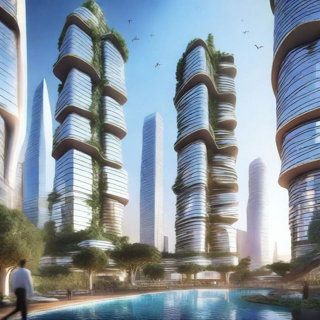 A futuristic real estate development featuring sleek, modern skyscrapers with advanced architectural designs, integrated green spaces, and cutting-edge technology