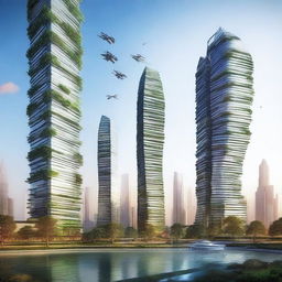 A futuristic real estate development featuring sleek, modern skyscrapers with advanced architectural designs, integrated green spaces, and cutting-edge technology