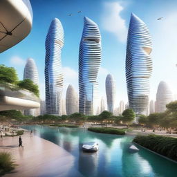 A futuristic real estate development featuring sleek, modern skyscrapers with advanced architectural designs, integrated green spaces, and cutting-edge technology