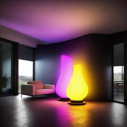 A vibrant and glowing LED light in a dark room, illuminating the surroundings with a soft, colorful glow