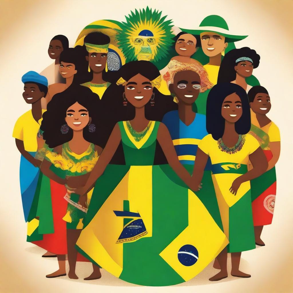 A vibrant and colorful illustration representing the diverse people of Brazil