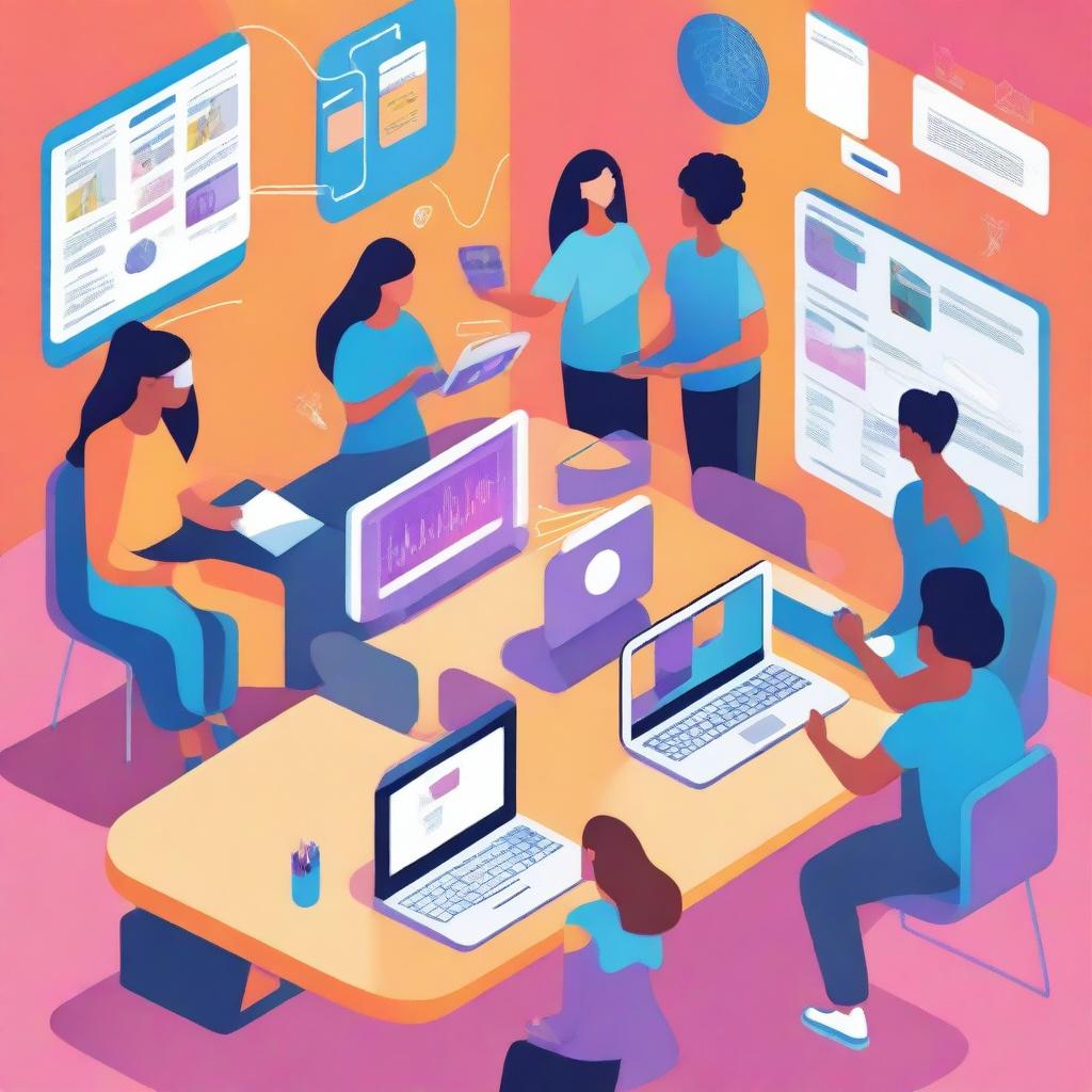 A vibrant and dynamic illustration representing modern education, featuring diverse students engaged with technology, interactive learning tools, and collaborative activities in a futuristic classroom setting