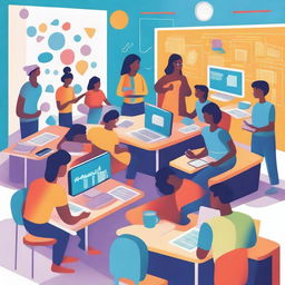 A vibrant and dynamic illustration representing modern education, featuring diverse students engaged with technology, interactive learning tools, and collaborative activities in a futuristic classroom setting