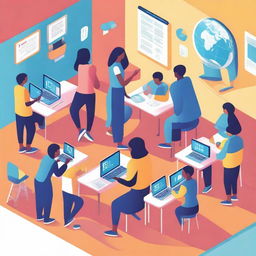 A vibrant and dynamic illustration representing modern education, featuring diverse students engaged with technology, interactive learning tools, and collaborative activities in a futuristic classroom setting