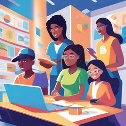 A vibrant and dynamic illustration representing modern education, featuring diverse students engaged with technology, interactive learning tools, and collaborative activities in a futuristic classroom setting