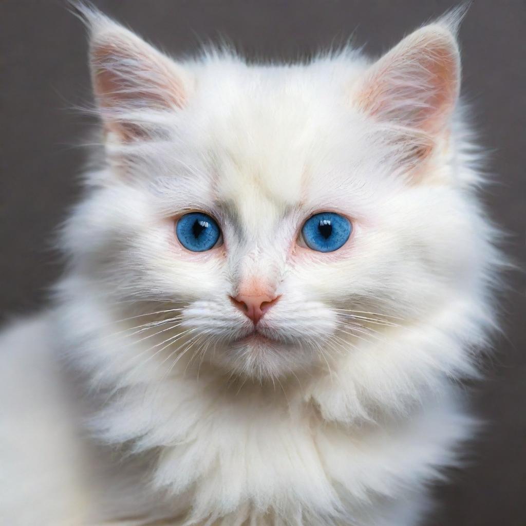 A white fluffy kitten, with one eye a sparkling blue and the other a radiant yellow.