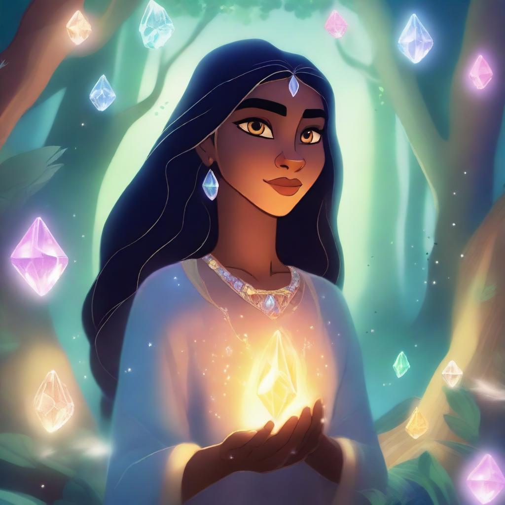 A detailed and vibrant illustration of Zira Crystal, a mystical character surrounded by glowing crystals and magical energy