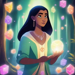 A detailed and vibrant illustration of Zira Crystal, a mystical character surrounded by glowing crystals and magical energy