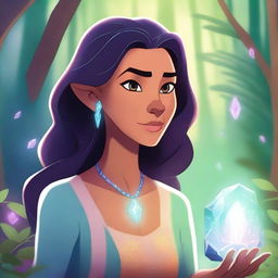 A detailed and vibrant illustration of Zira Crystal, a mystical character surrounded by glowing crystals and magical energy