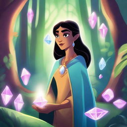 A detailed and vibrant illustration of Zira Crystal, a mystical character surrounded by glowing crystals and magical energy