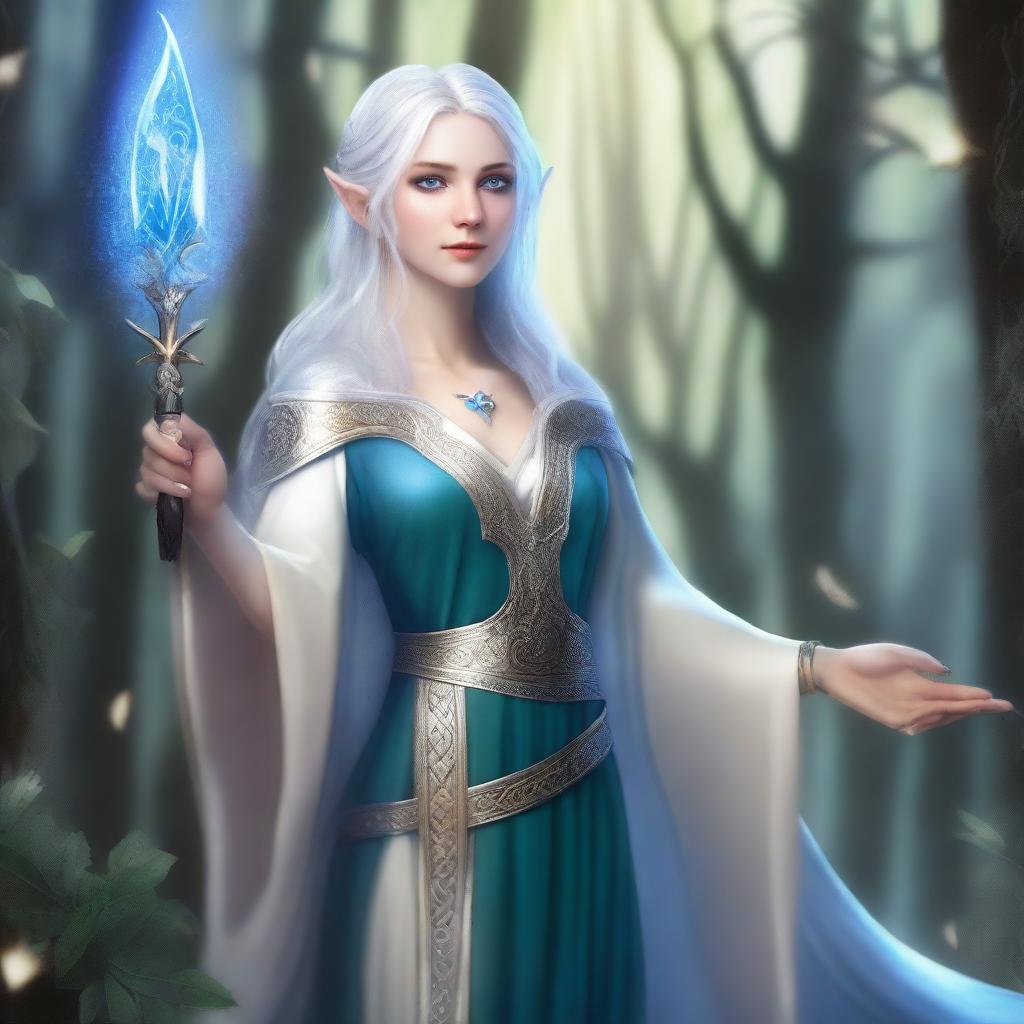 A female elf blade singer wizard with alabaster skin, blue eyes, and short silver hair