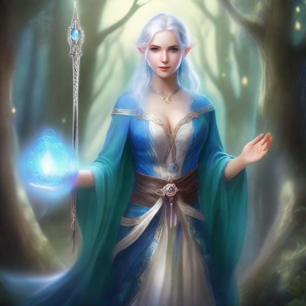 A female elf blade singer wizard with alabaster skin, blue eyes, and short silver hair