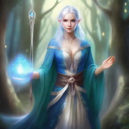 A female elf blade singer wizard with alabaster skin, blue eyes, and short silver hair