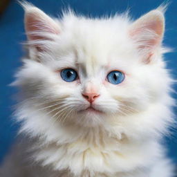 A white fluffy kitten, with one eye a sparkling blue and the other a radiant yellow.