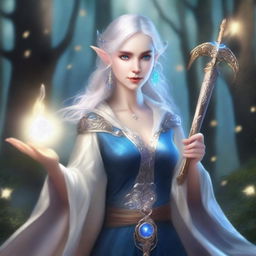 A female elf blade singer wizard with alabaster skin, blue eyes, and short silver hair