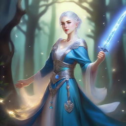 A female elf blade singer wizard with alabaster skin, blue eyes, and short silver hair