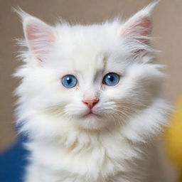 A white fluffy kitten, with one eye a sparkling blue and the other a radiant yellow.