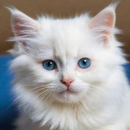 A white fluffy kitten, with one eye a sparkling blue and the other a radiant yellow.