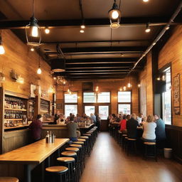 A vibrant and lively brewery scene with people enjoying craft beers