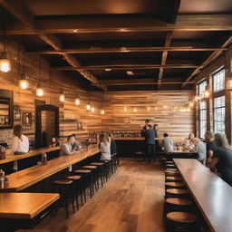 A vibrant and lively brewery scene with people enjoying craft beers