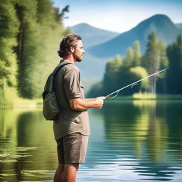 A fisherman with brown hair, wearing casual fishing attire, standing by a serene lake