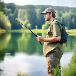 A fisherman with brown hair, wearing casual fishing attire, standing by a serene lake