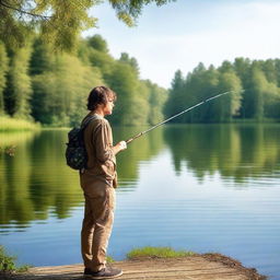 A fisherman with brown hair, wearing casual fishing attire, standing by a serene lake