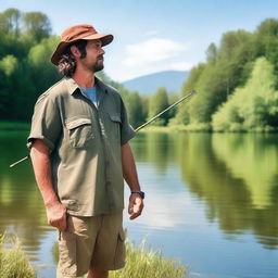 A fisherman with brown hair, wearing casual fishing attire, standing by a serene lake