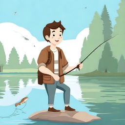 A cartoon character of a guy with brown hair, happily fishing by a peaceful lake