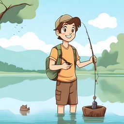 A cartoon character of a guy with brown hair, happily fishing by a peaceful lake