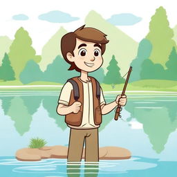 A cartoon character of a guy with brown hair, happily fishing by a peaceful lake