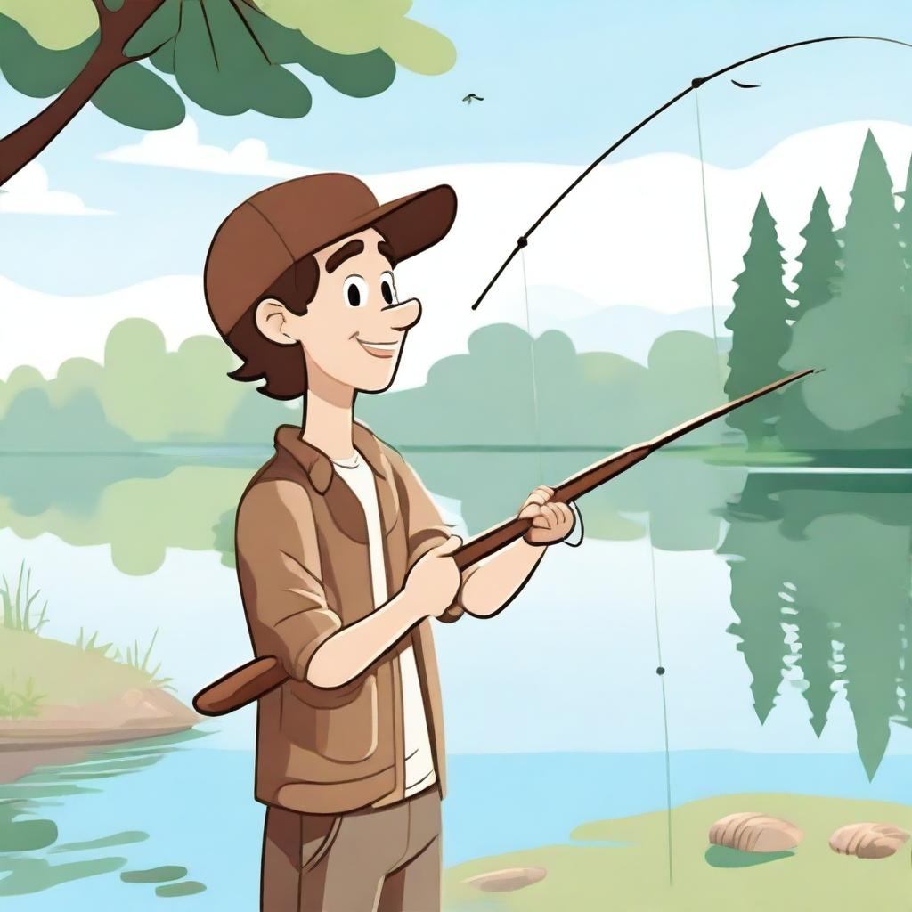 A cartoon character of a guy with brown hair, happily fishing by a peaceful lake