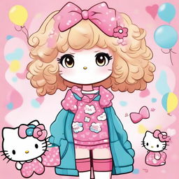 A cute character with blonde curly hair styled in a playful manner, wearing a Hello Kitty-themed outfit