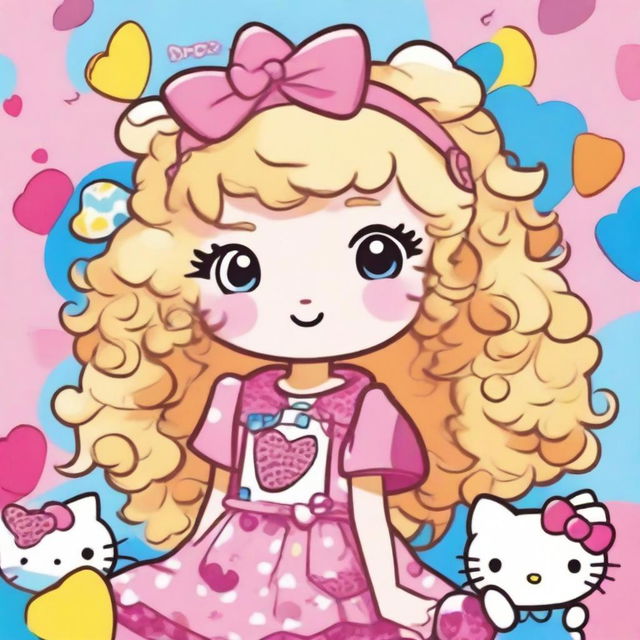 A cute character with blonde curly hair styled in a playful manner, wearing a Hello Kitty-themed outfit