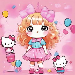 A cute character with blonde curly hair styled in a playful manner, wearing a Hello Kitty-themed outfit