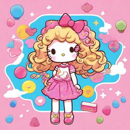 A cute character with blonde curly hair styled in a playful manner, wearing a Hello Kitty-themed outfit