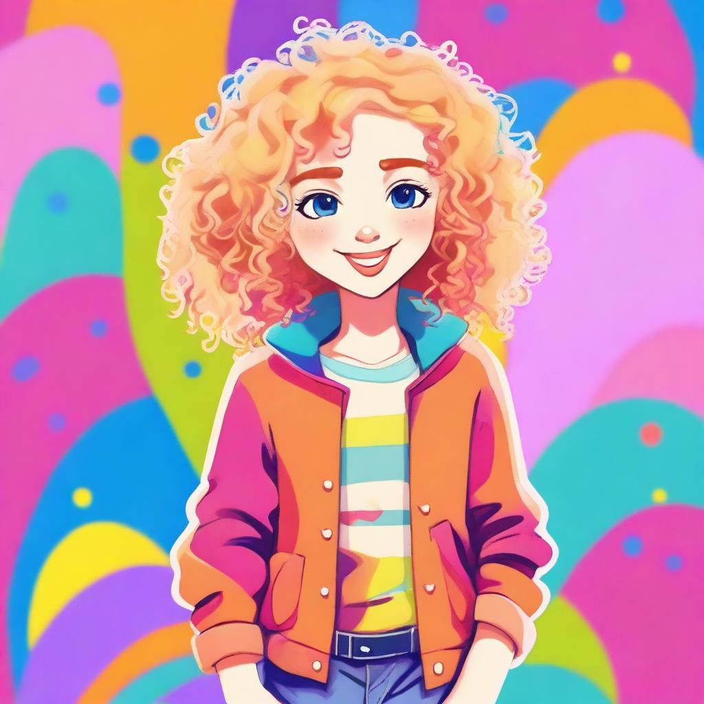 A charming character with blonde curly hair, styled in a whimsical and playful manner