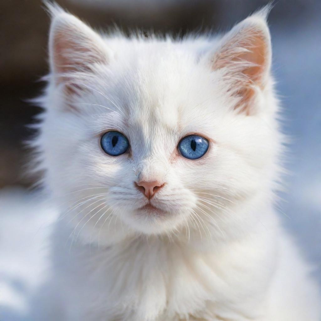 A kitten with snow-white fur, one eye crystal blue, the other golden yellow, gazing with innocence and curiosity.