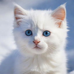 A kitten with snow-white fur, one eye crystal blue, the other golden yellow, gazing with innocence and curiosity.